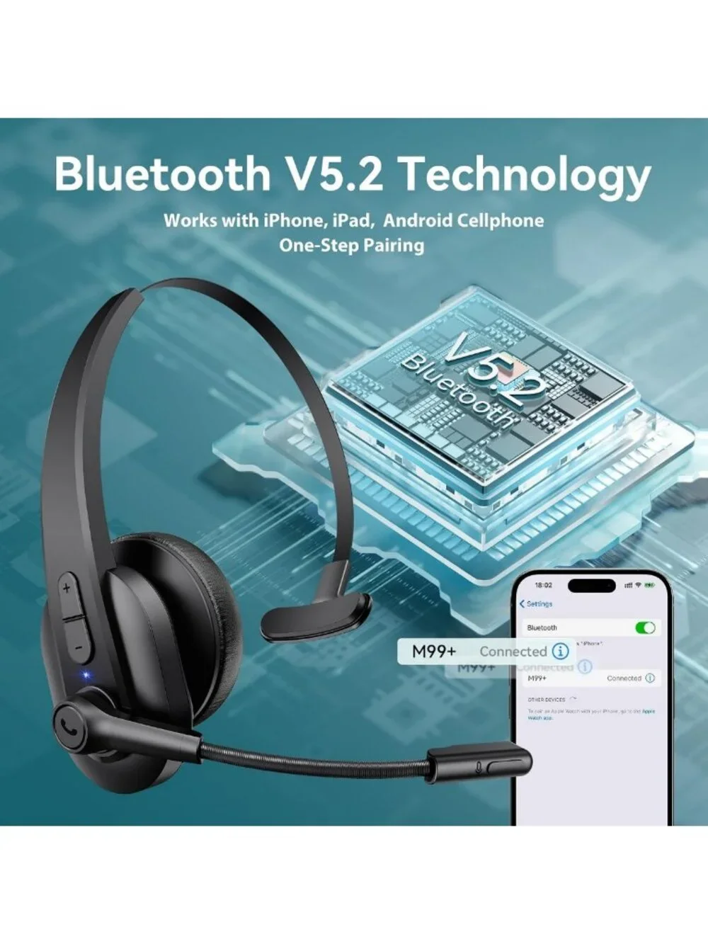 Wireless Bluetooth Headset with Noise Cancelling Mic, USB Dongle, Mute Button